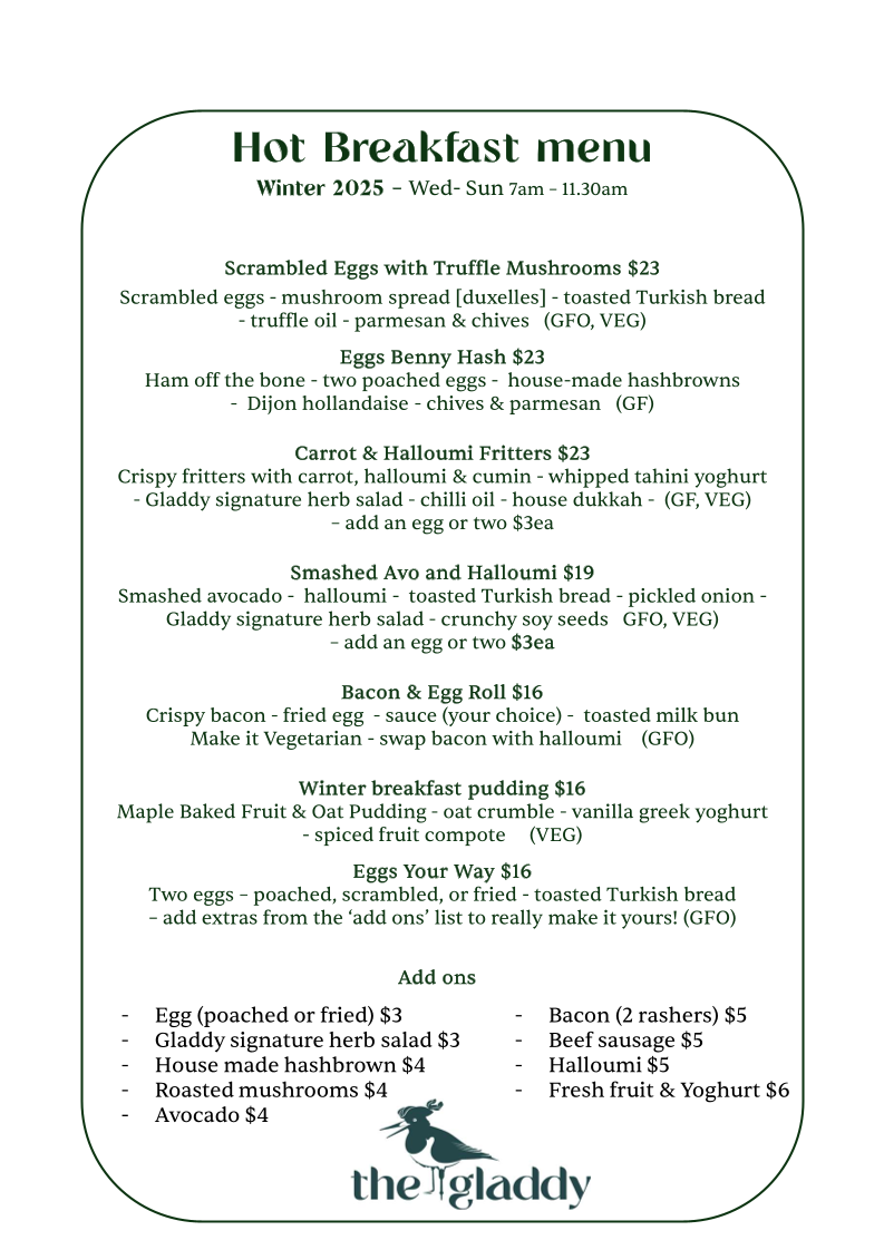Menu, The Gladdy