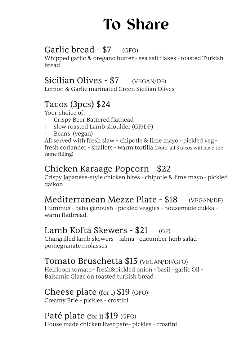 Menu, The Gladdy