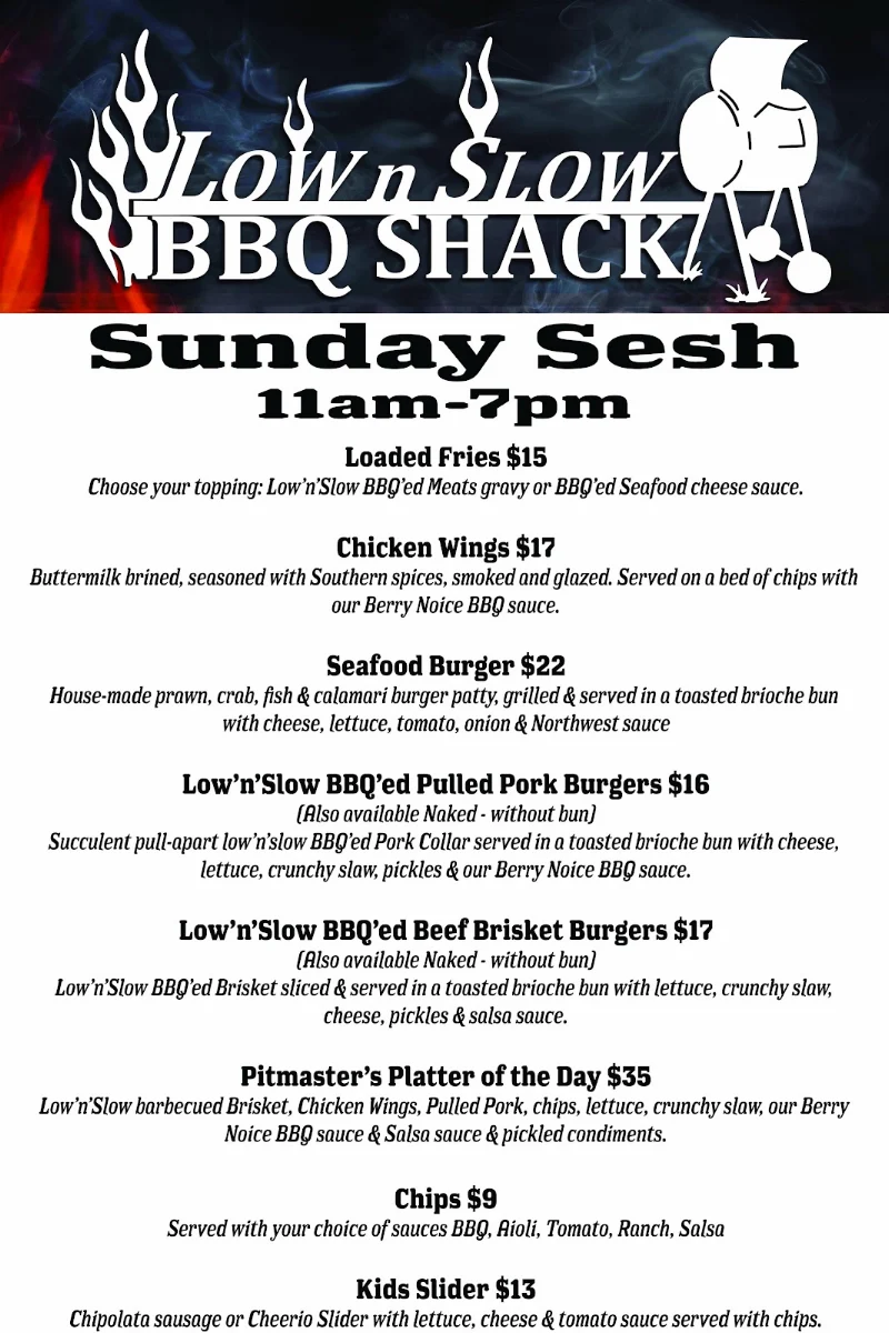 Menu, Low'n'Slow BBQ Shack
