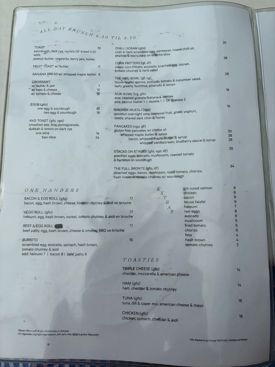 Menu, Coop Bronte