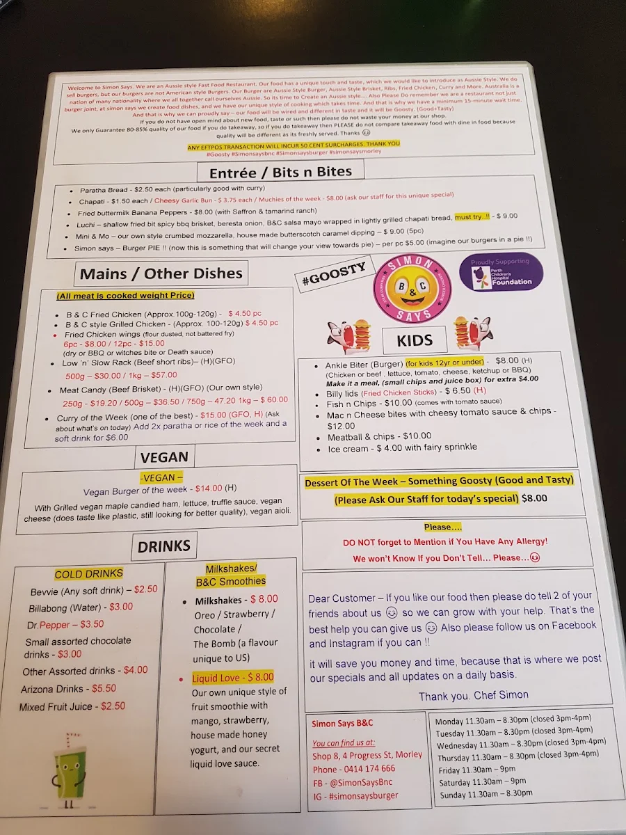 Menu, Simon Says