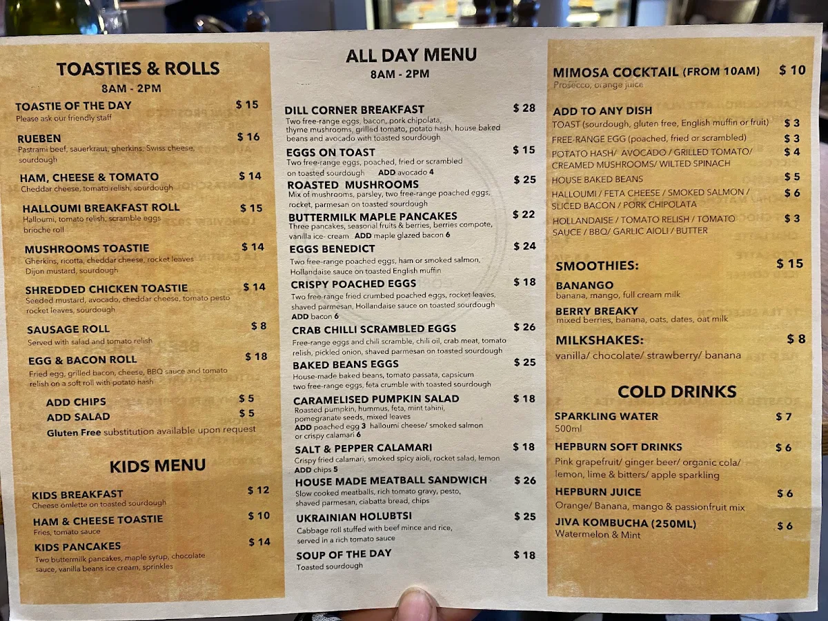 Menu, Dill Corner Cafe