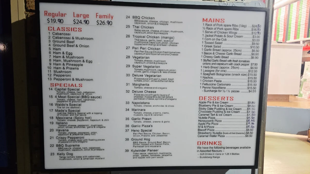 Menu, Capital Dial-A-Pizza