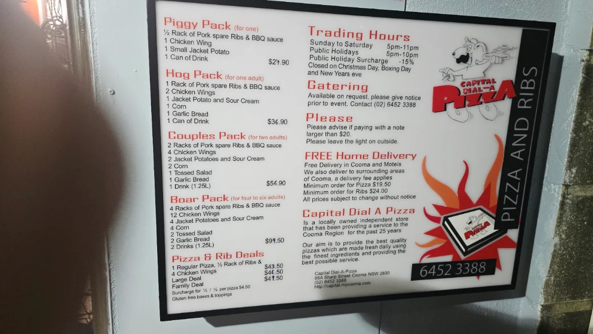 Menu, Capital Dial-A-Pizza