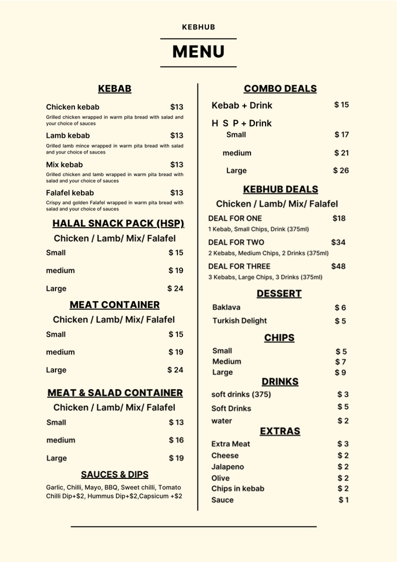 Menu, KEBHUB