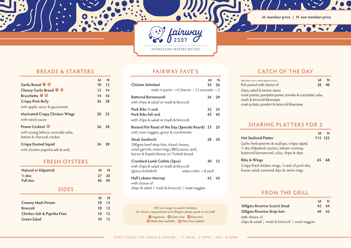 Menu, Fairway 2307 Shortland Waters Bistro