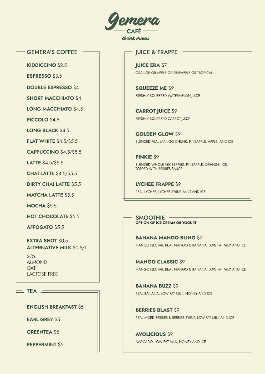 Menu, Gemera Cafe