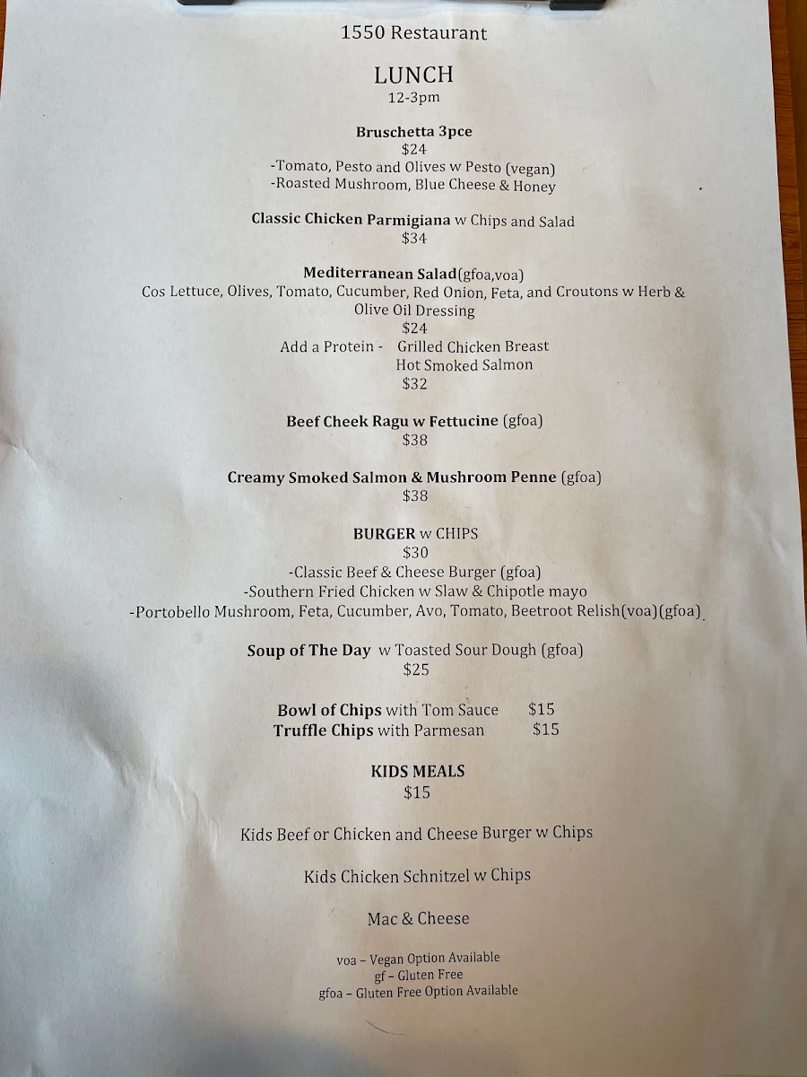 Menu, 1550 @ St Falls Restaurant
