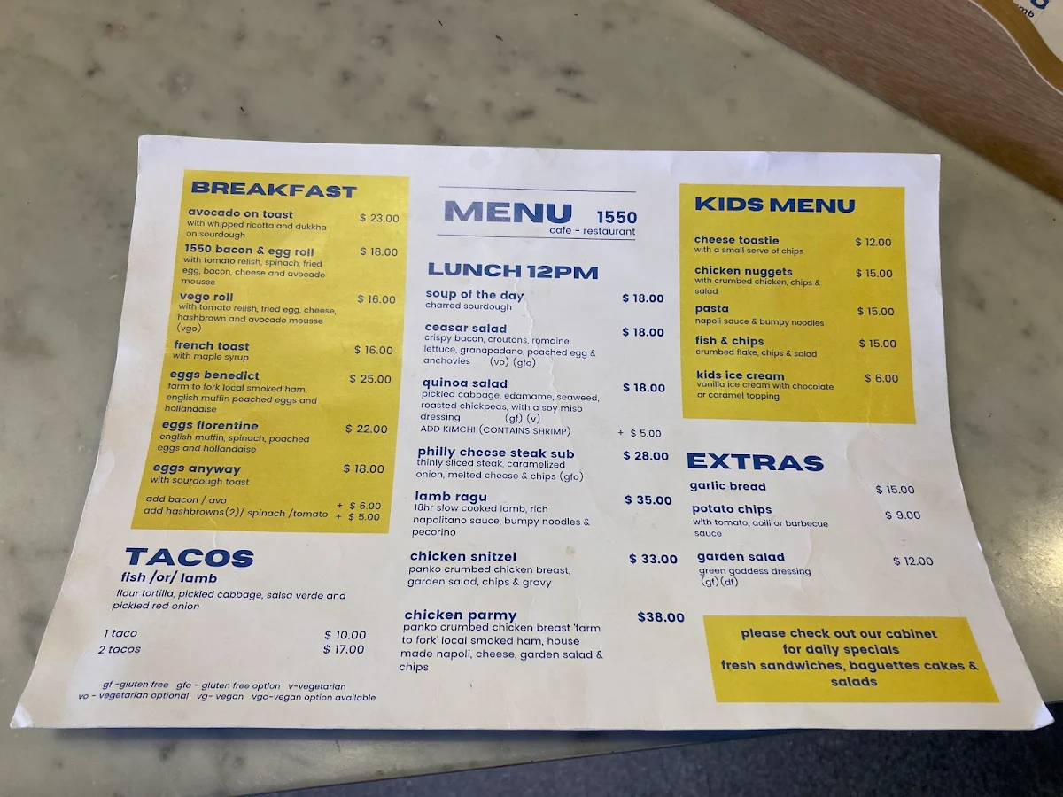 Menu, 1550 @ St Falls Restaurant