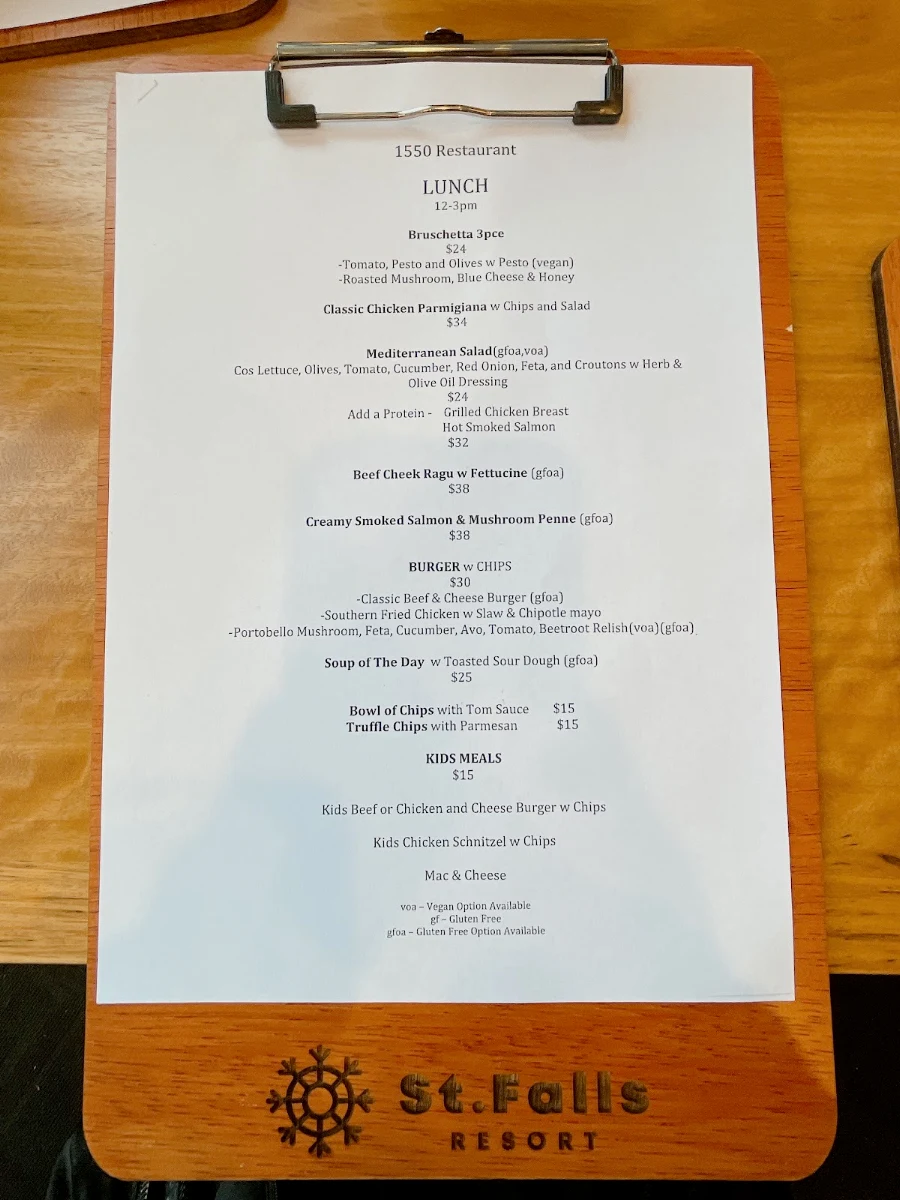 Menu, 1550 @ St Falls Restaurant