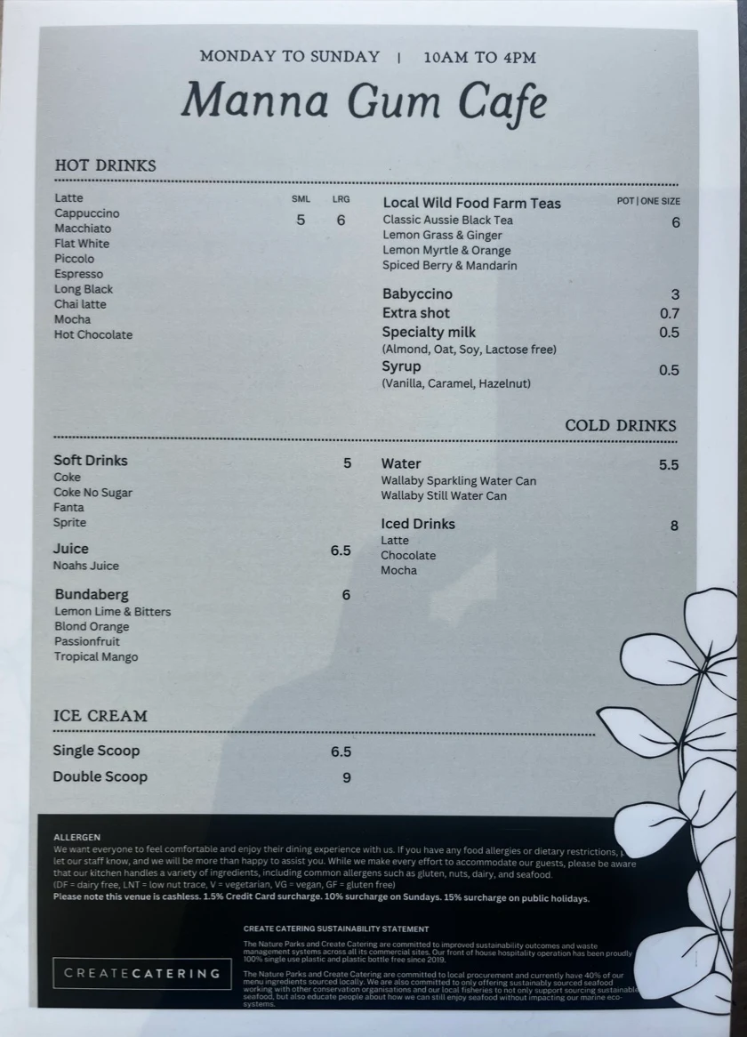 Menu, Manna Gum Cafe