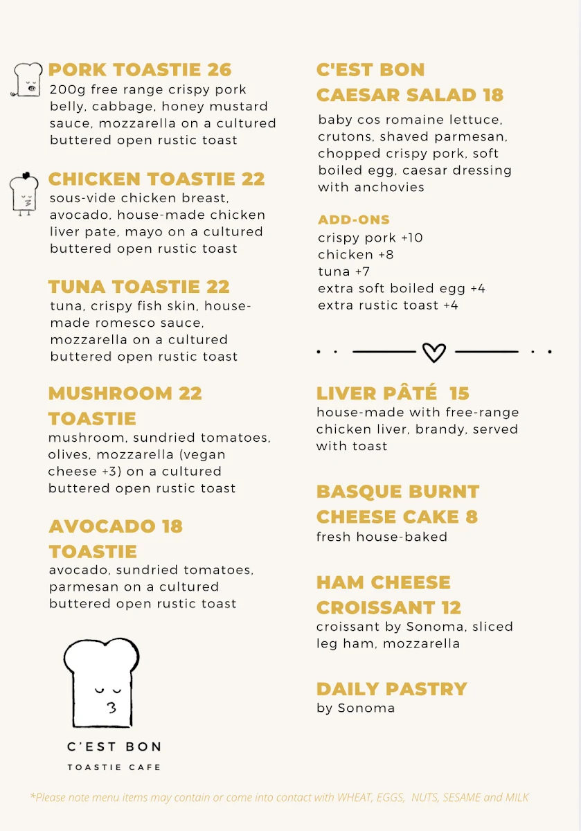 Menu, C'est Bon Toastie Cafe