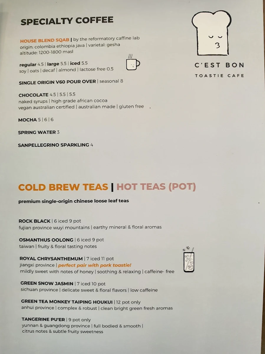 Menu, C'est Bon Toastie Cafe