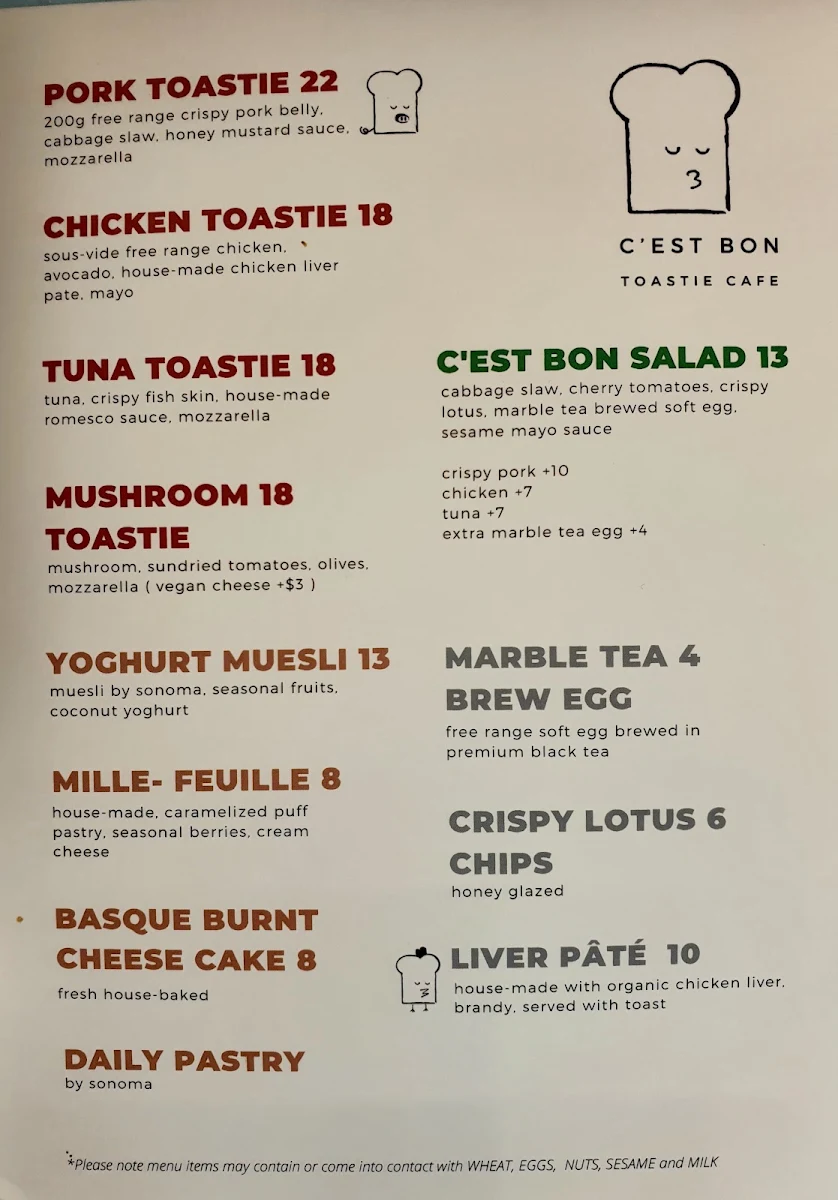 Menu, C'est Bon Toastie Cafe
