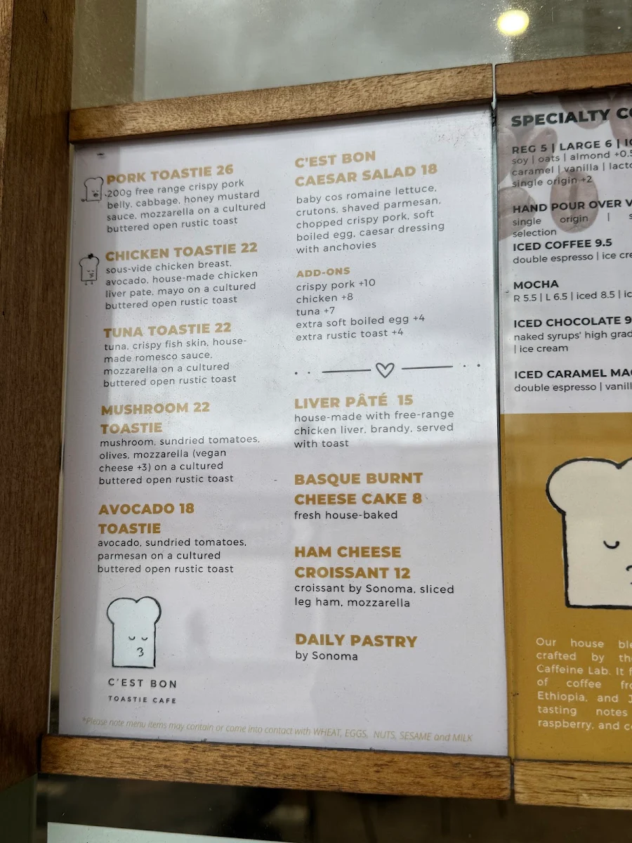 Menu, C'est Bon Toastie Cafe