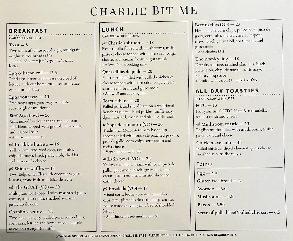 Menu, Charlie Bit Me Cafe