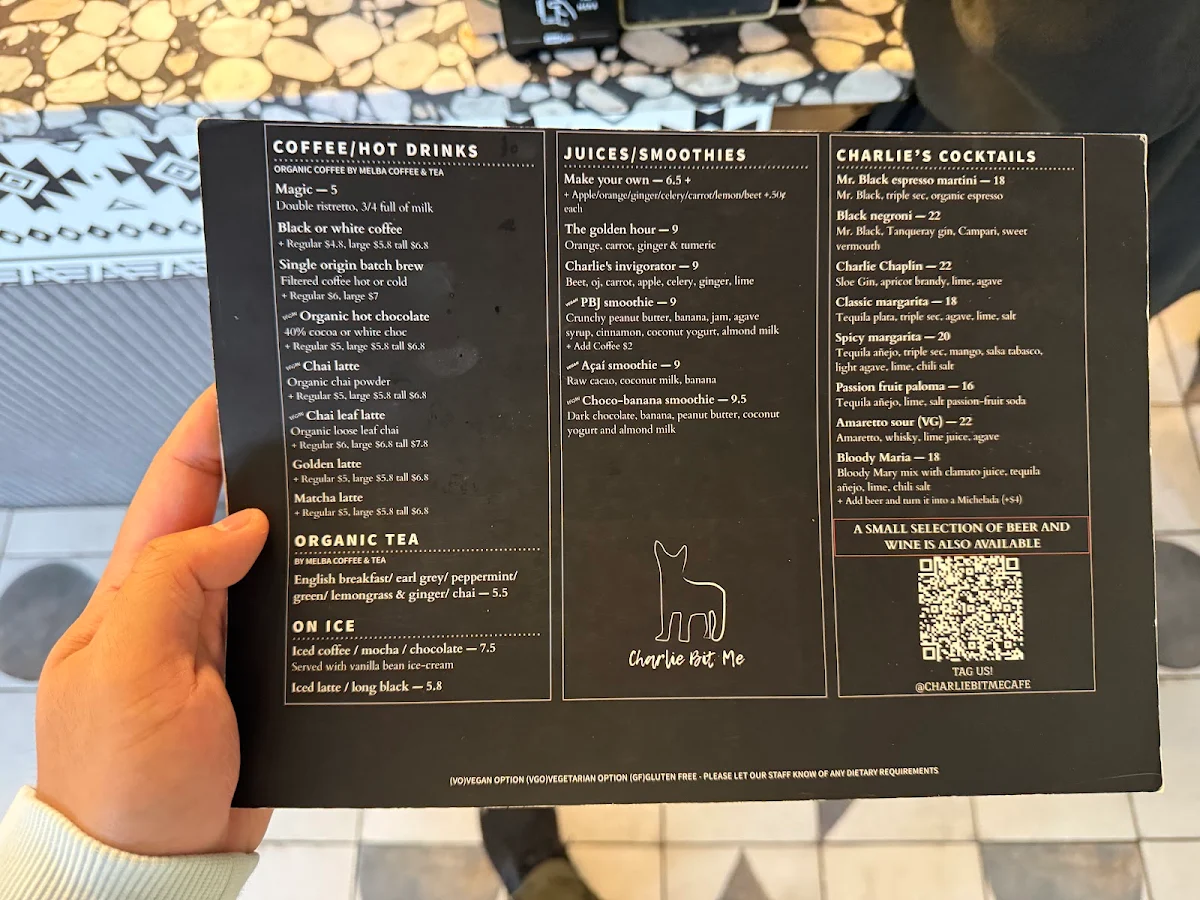 Menu, Charlie Bit Me Cafe