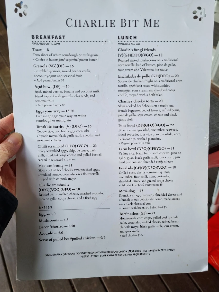 Menu, Charlie Bit Me Cafe