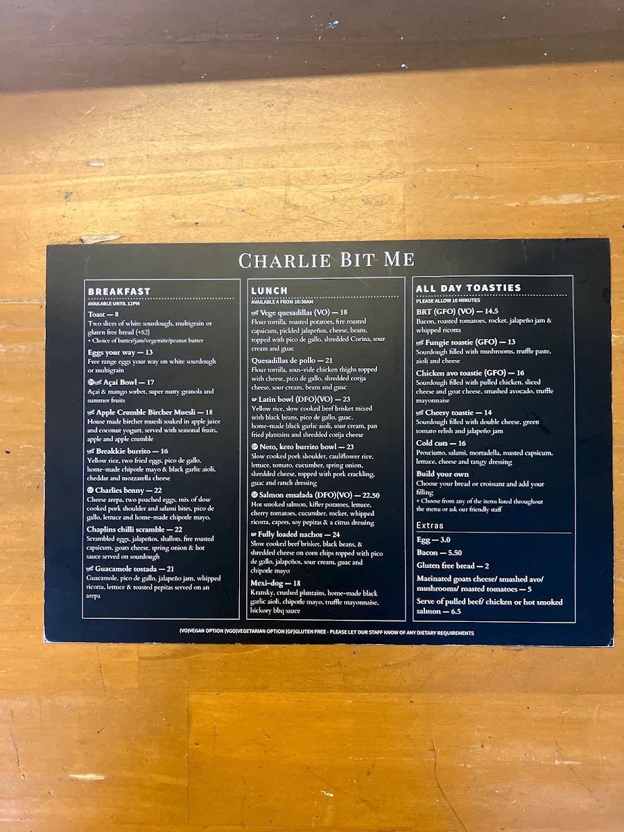 Menu, Charlie Bit Me Cafe