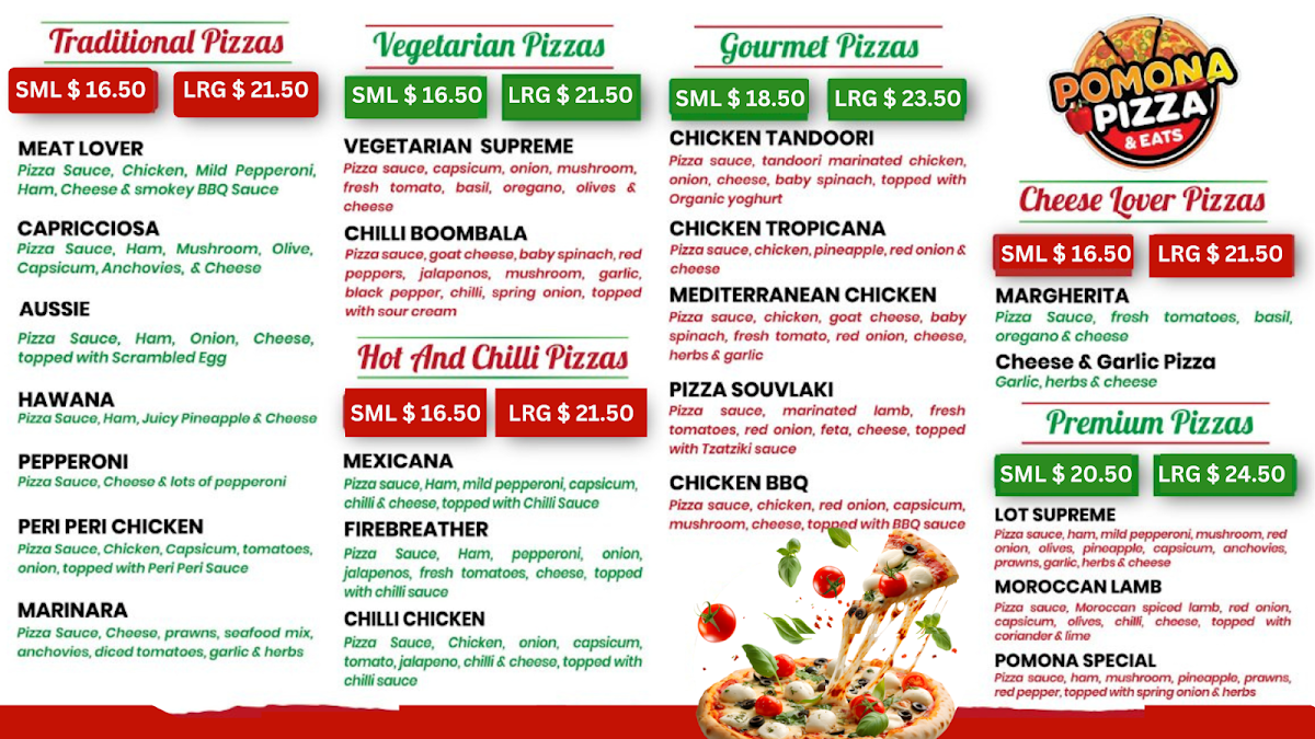 Menu, Pomona Pizza and Eats