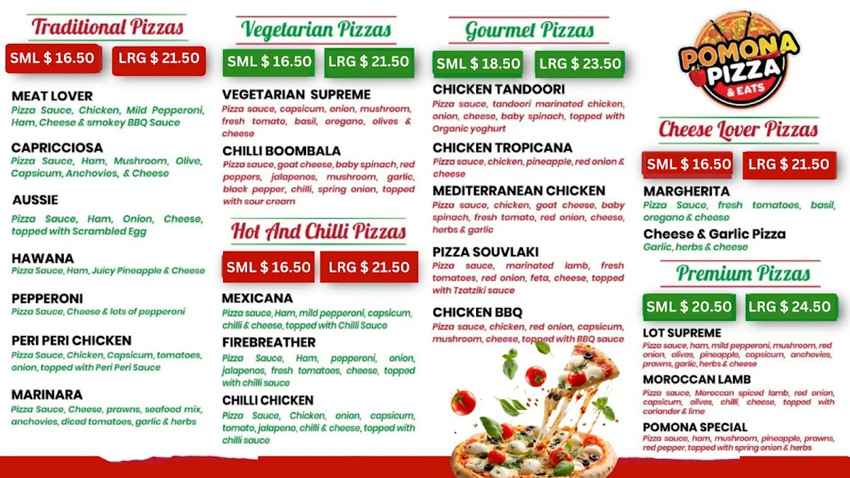 Menu, Pomona Pizza and Eats