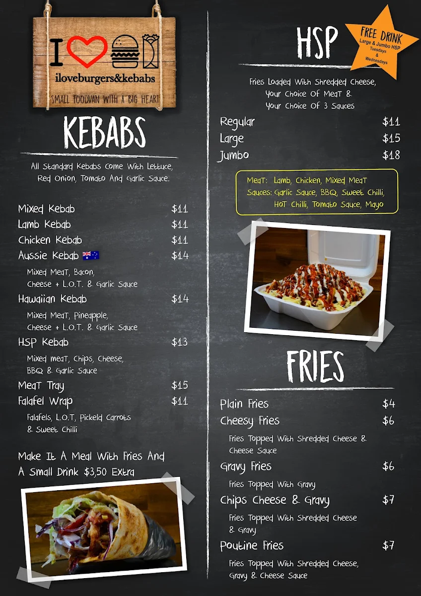 Menu, I Love HSP's & Kebabs