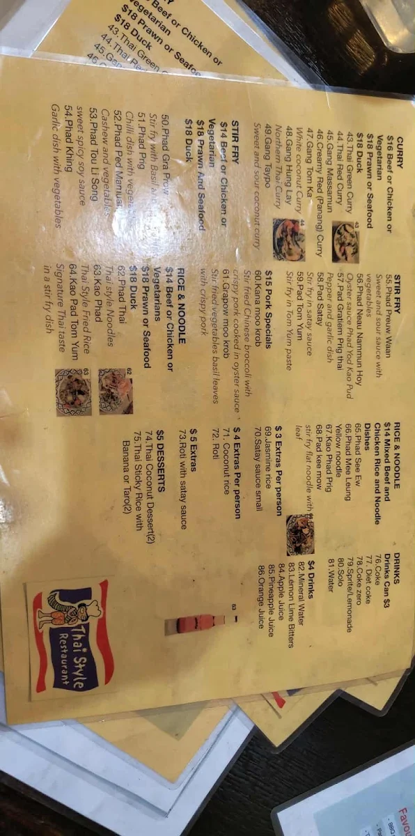 Menu, Thai Style Restaurant