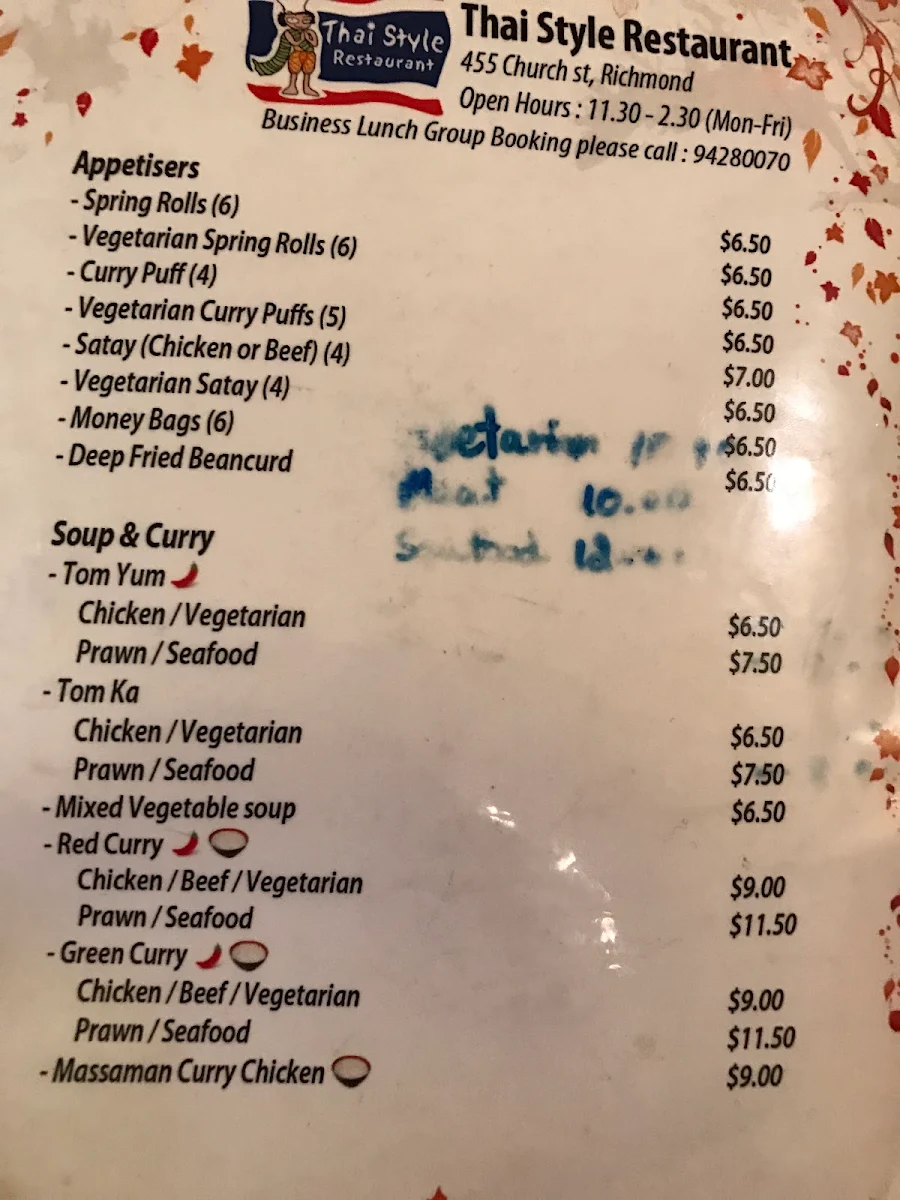 Menu, Thai Style Restaurant