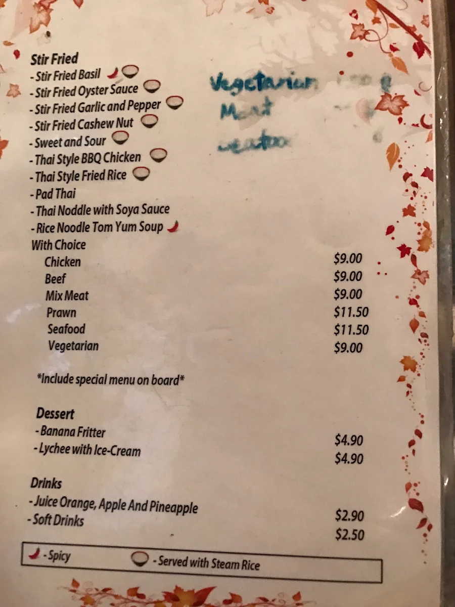 Menu, Thai Style Restaurant