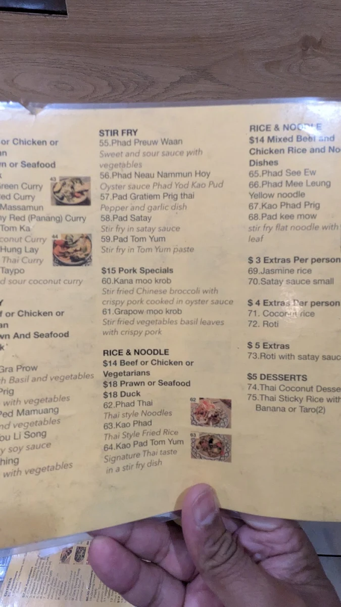Menu, Thai Style Restaurant