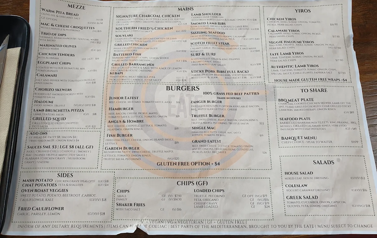 Menu, The Eate Restaurant