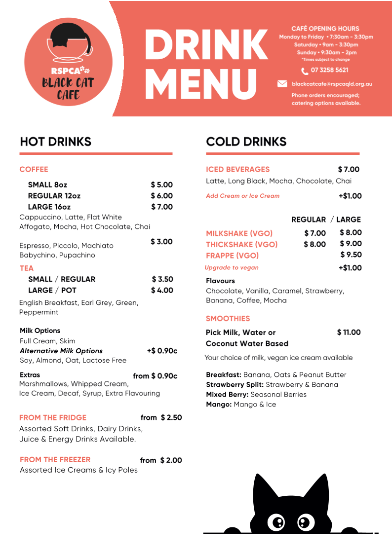 Menu, RSPCA Black Cat Café
