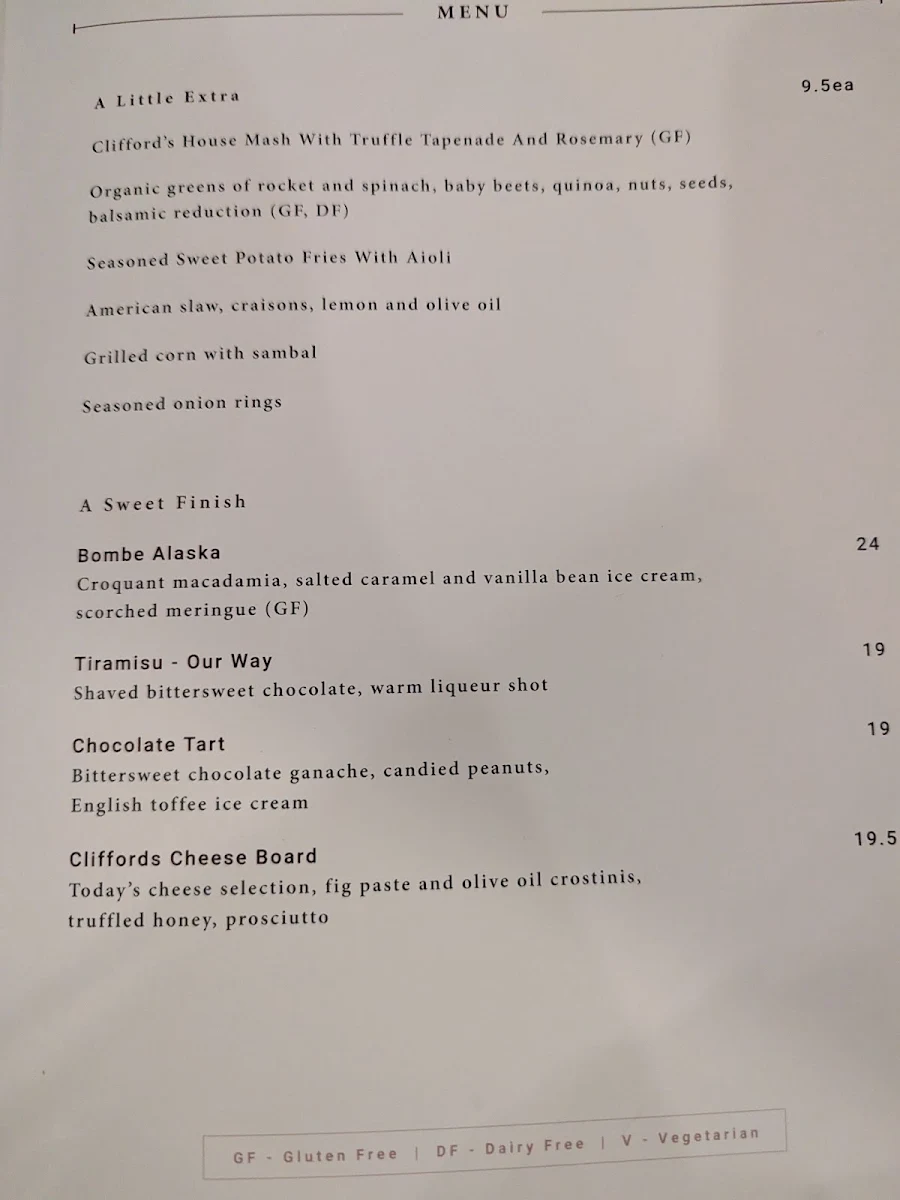 Menu, Clifford’s Grill & Lounge