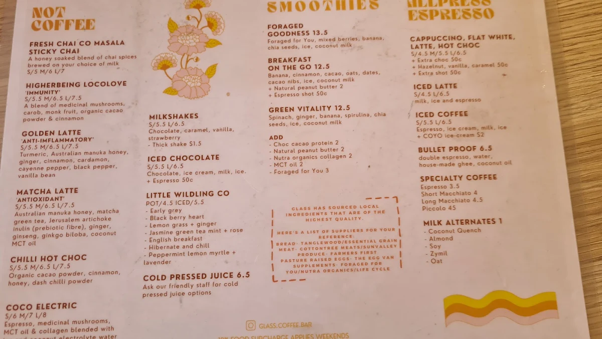 Menu, Glass Wholefoods