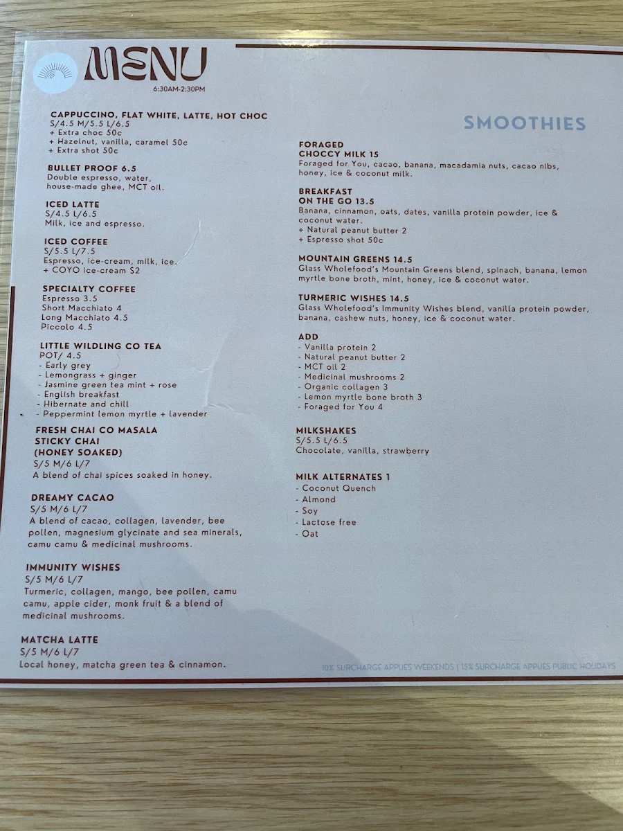 Menu, Glass Wholefoods