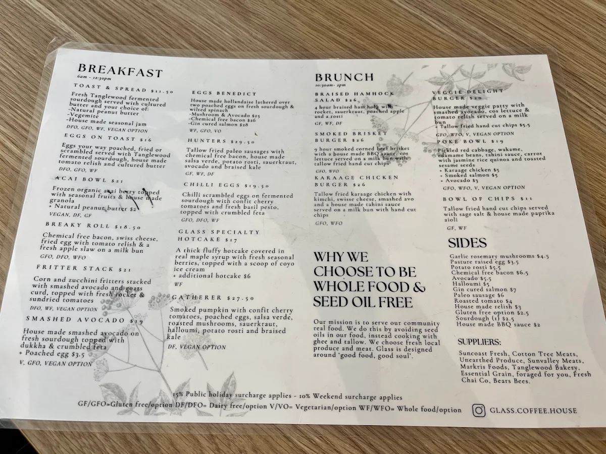 Menu, Glass Wholefoods