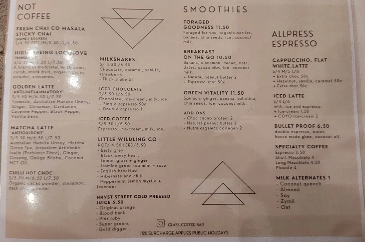 Menu, Glass Wholefoods