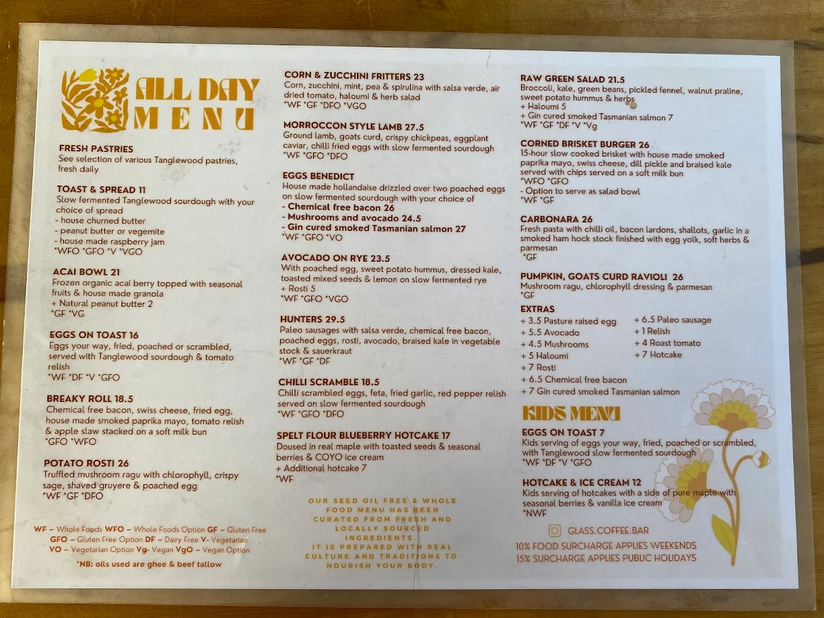Menu, Glass Wholefoods