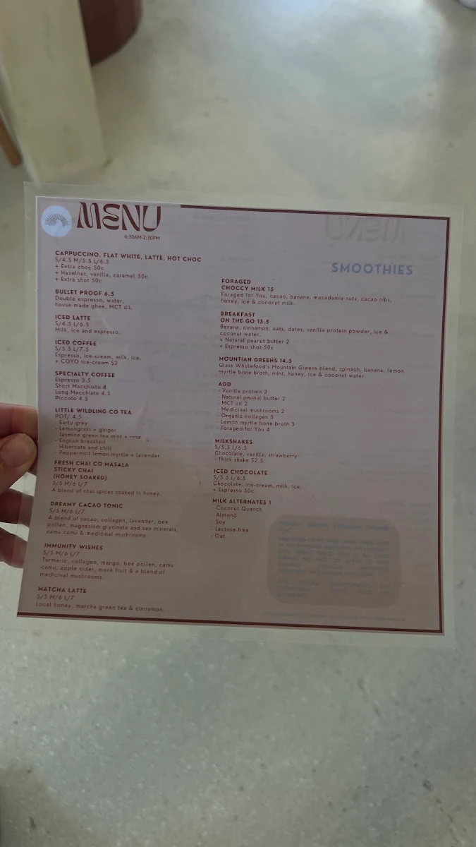 Menu, Glass Wholefoods