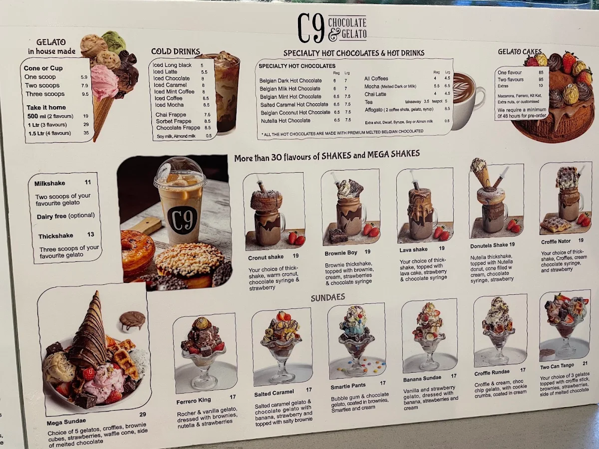 Menu, C9 Chocolate & Gelato Crows Nest