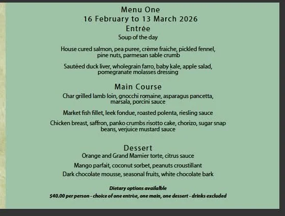 Menu, Bentley Pines Training Restaurant