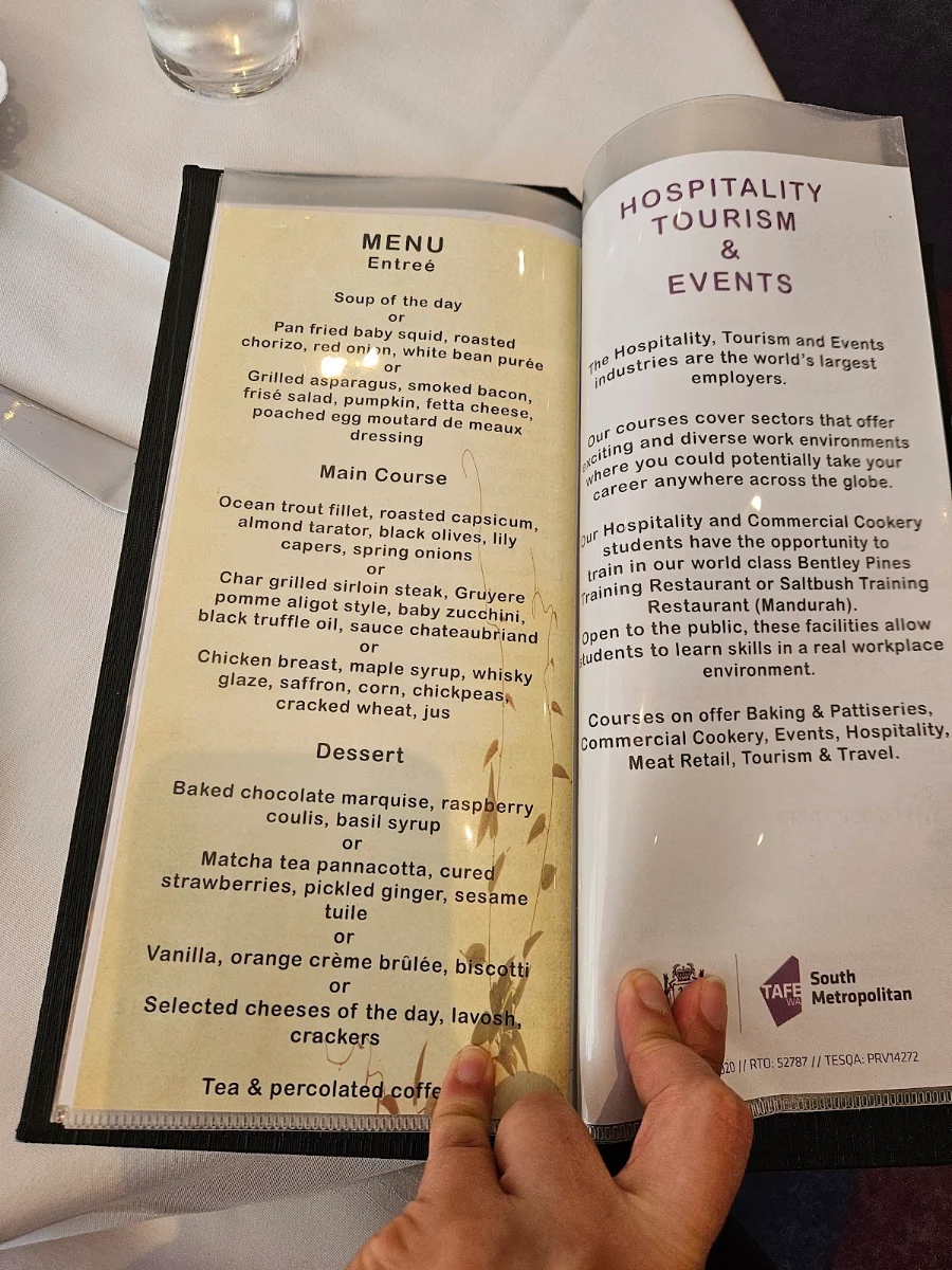 Menu, Bentley Pines Training Restaurant