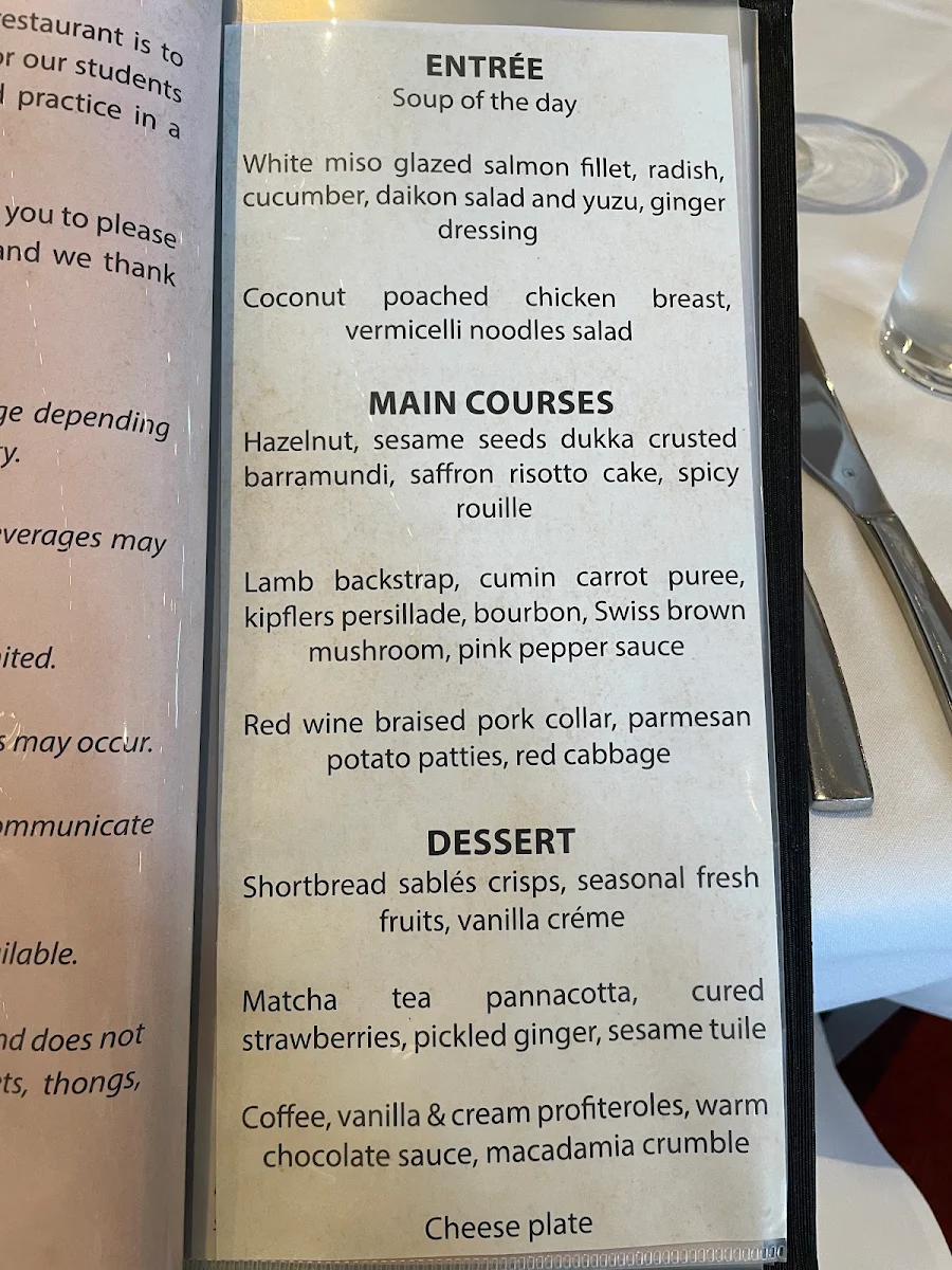 Menu, Bentley Pines Training Restaurant