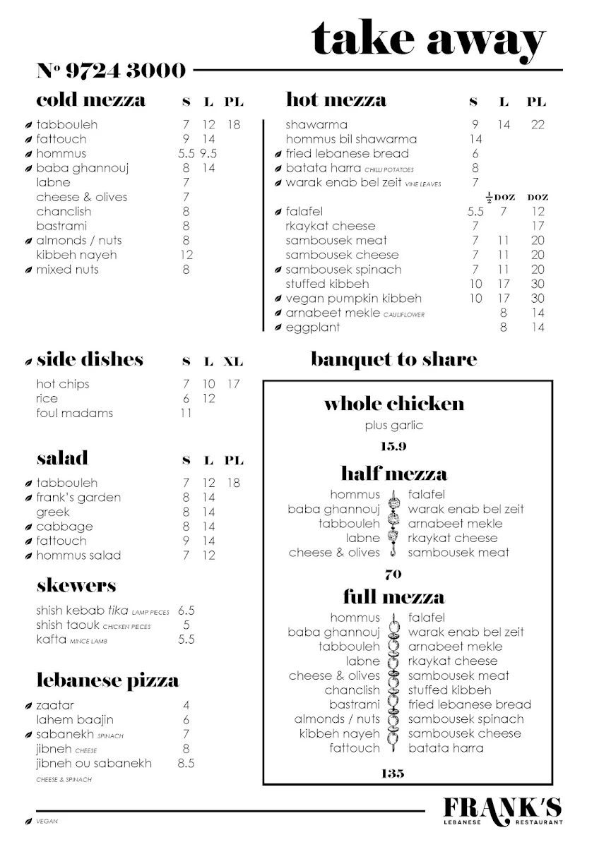 Menu, Frank's Lebanese Restaurant Fairfield