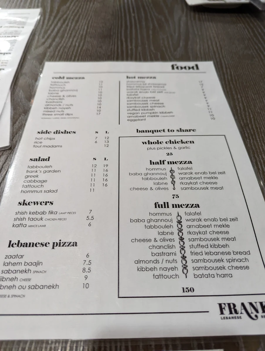 Menu, Frank's Lebanese Restaurant Fairfield