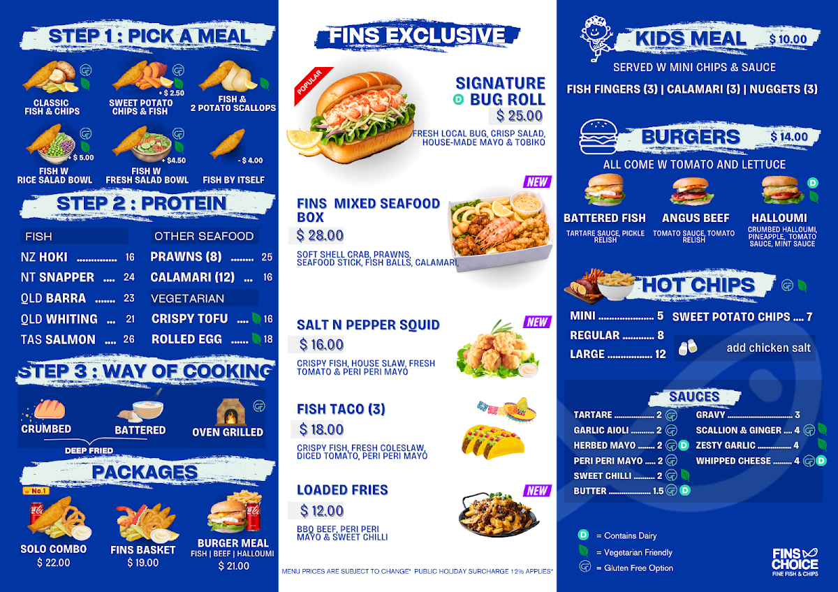Menu, Fin's Choice Fish and Chips