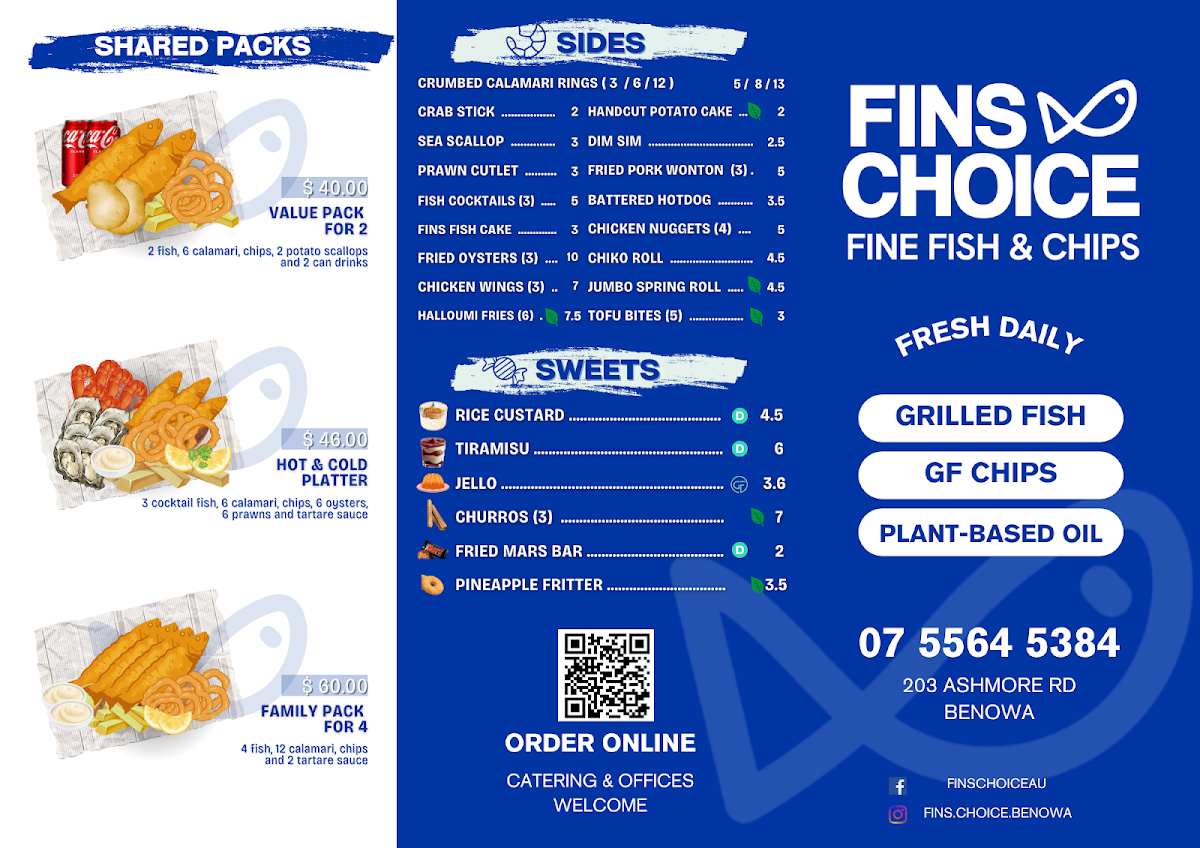 Menu, Fin's Choice Fish and Chips