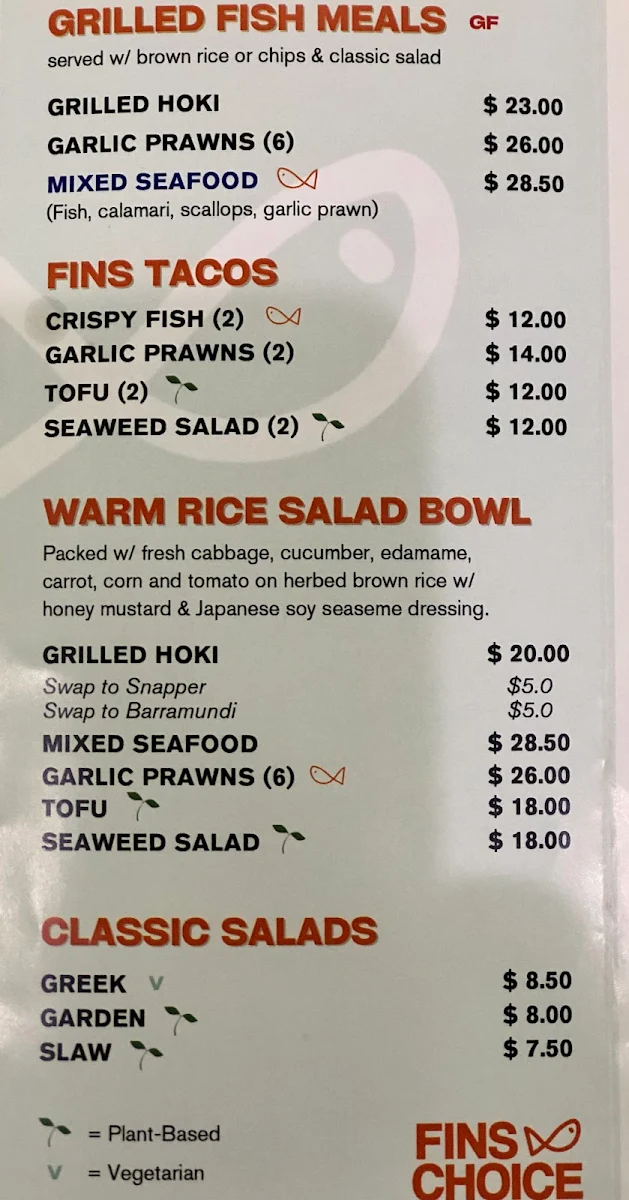 Menu, Fin's Choice Fish and Chips
