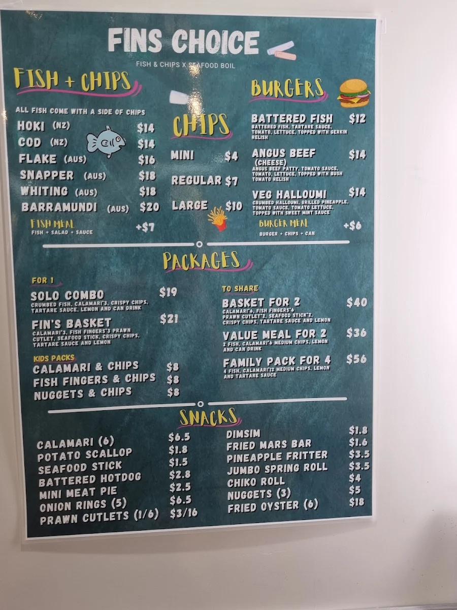 Menu, Fin's Choice Fish and Chips