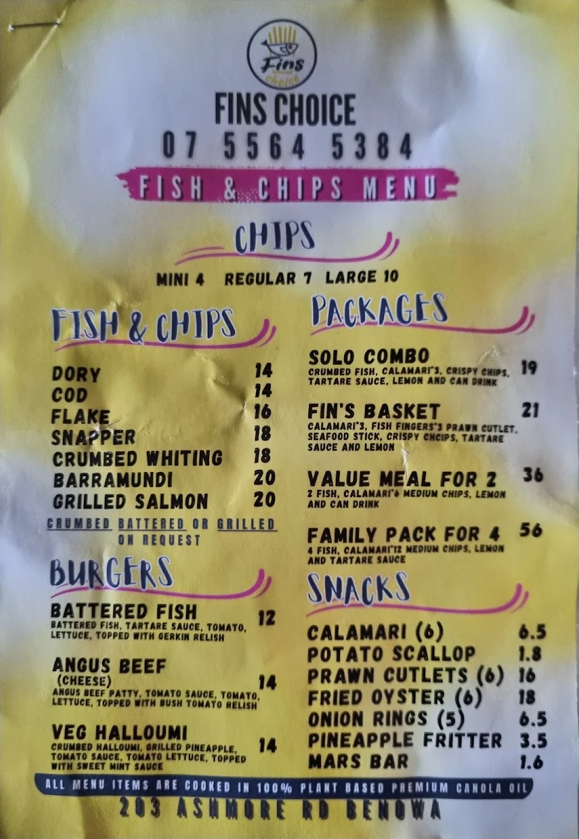 Menu, Fin's Choice Fish and Chips